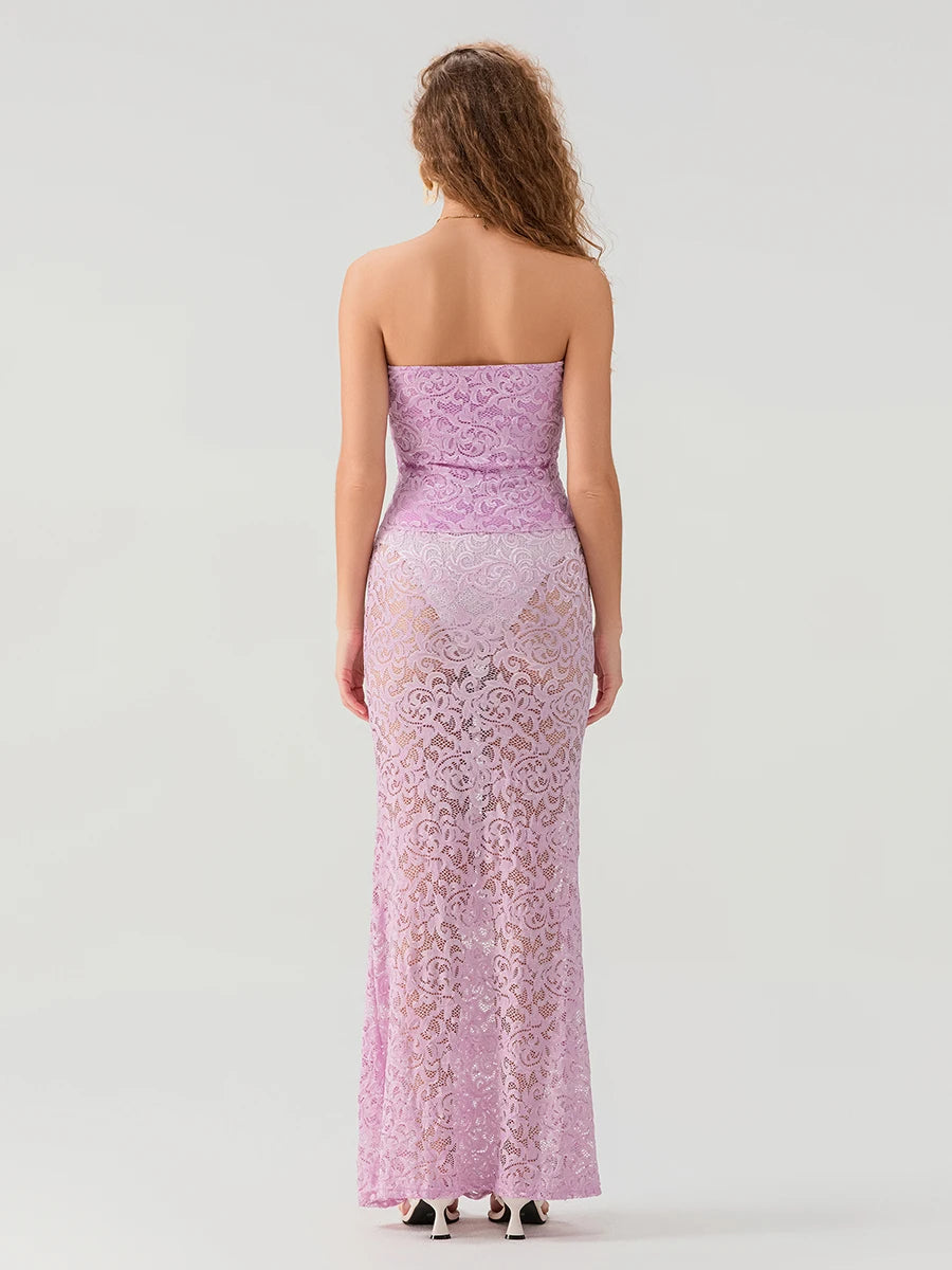 Women Lace Dress Strapless Backless Hollowed Sheer Dress Long Cocktail Dress
