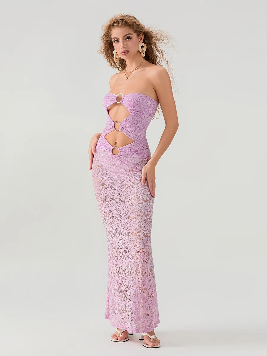 Women Lace Dress Strapless Backless Hollowed Sheer Dress Long Cocktail Dress