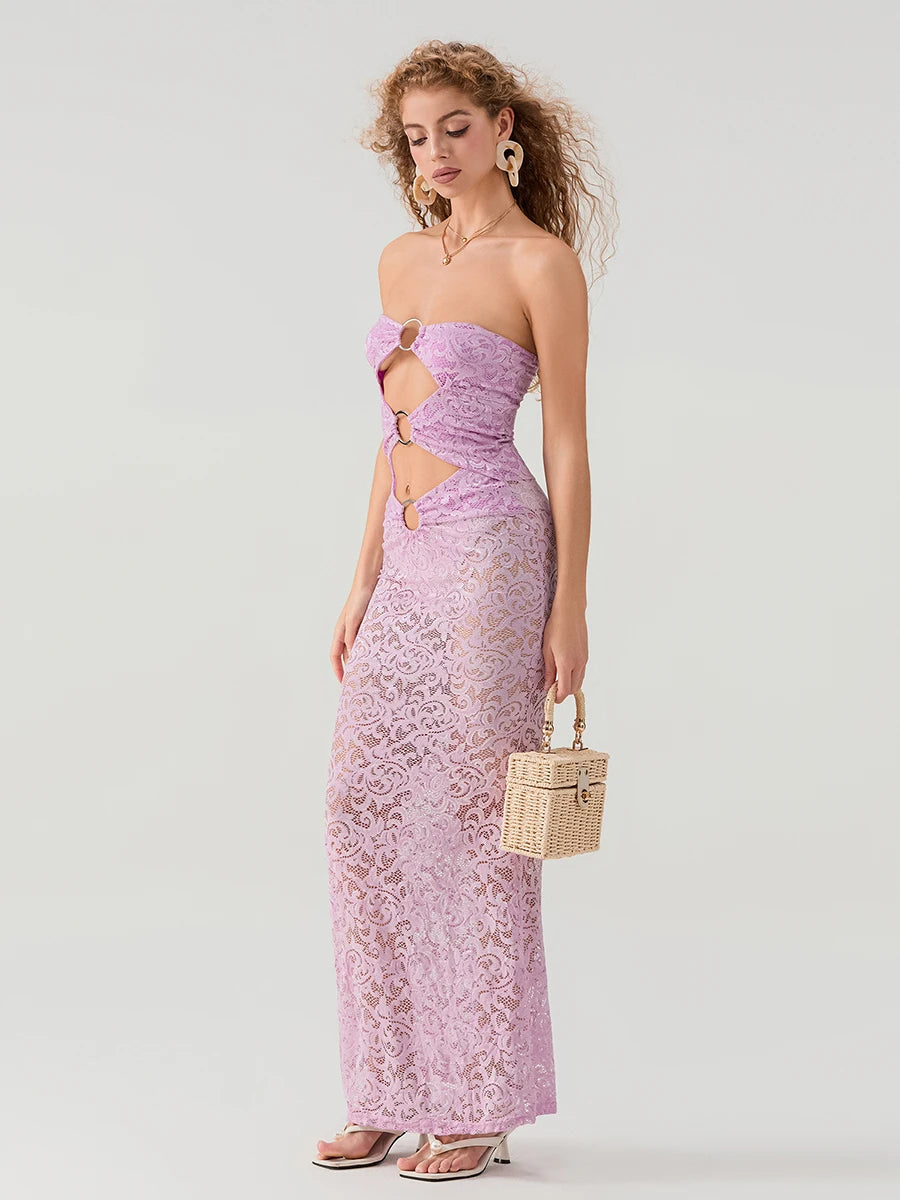 Women Lace Dress Strapless Backless Hollowed Sheer Dress Long Cocktail Dress