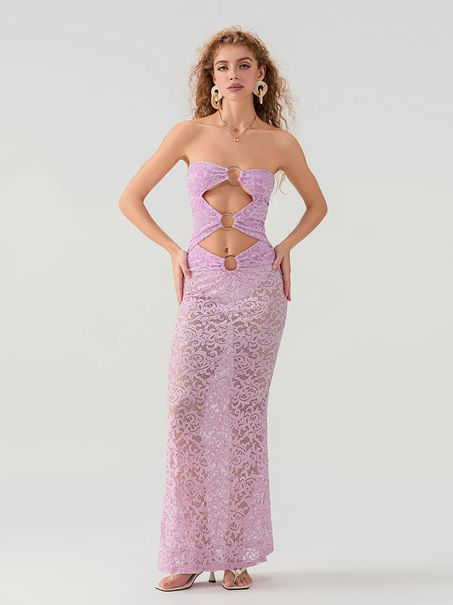 Women Lace Dress Strapless Backless Hollowed Sheer Dress Long Cocktail Dress