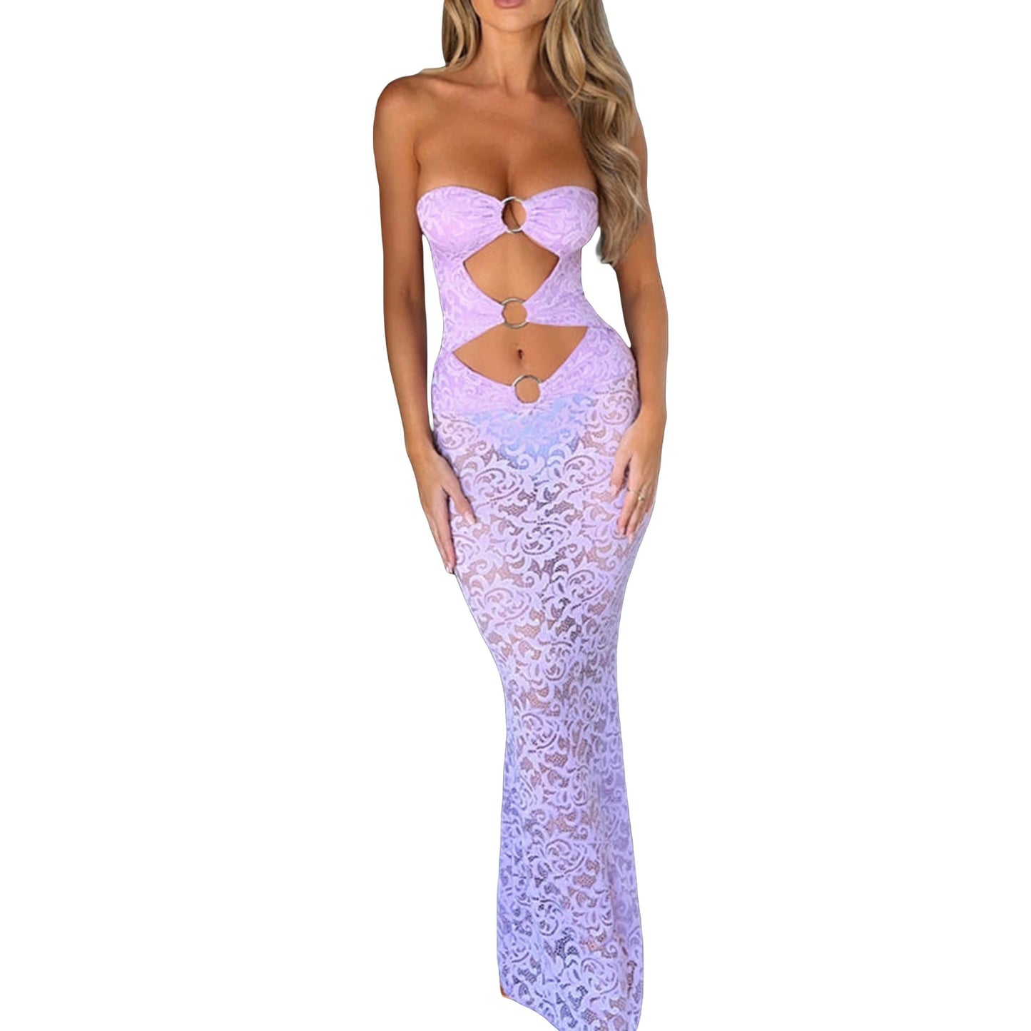 Women Lace Dress Strapless Backless Hollowed Sheer Dress Long Cocktail Dress