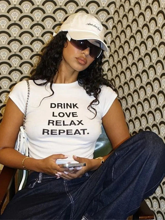 "DRINK, LOVE, RELAX, REPEAT" Cropped Tee