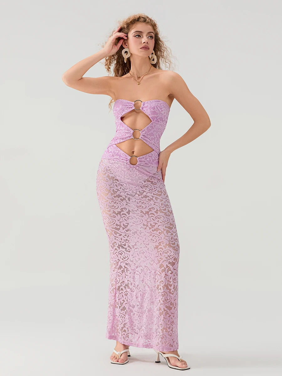 Women Lace Dress Strapless Backless Hollowed Sheer Dress  Long Cocktail Dress