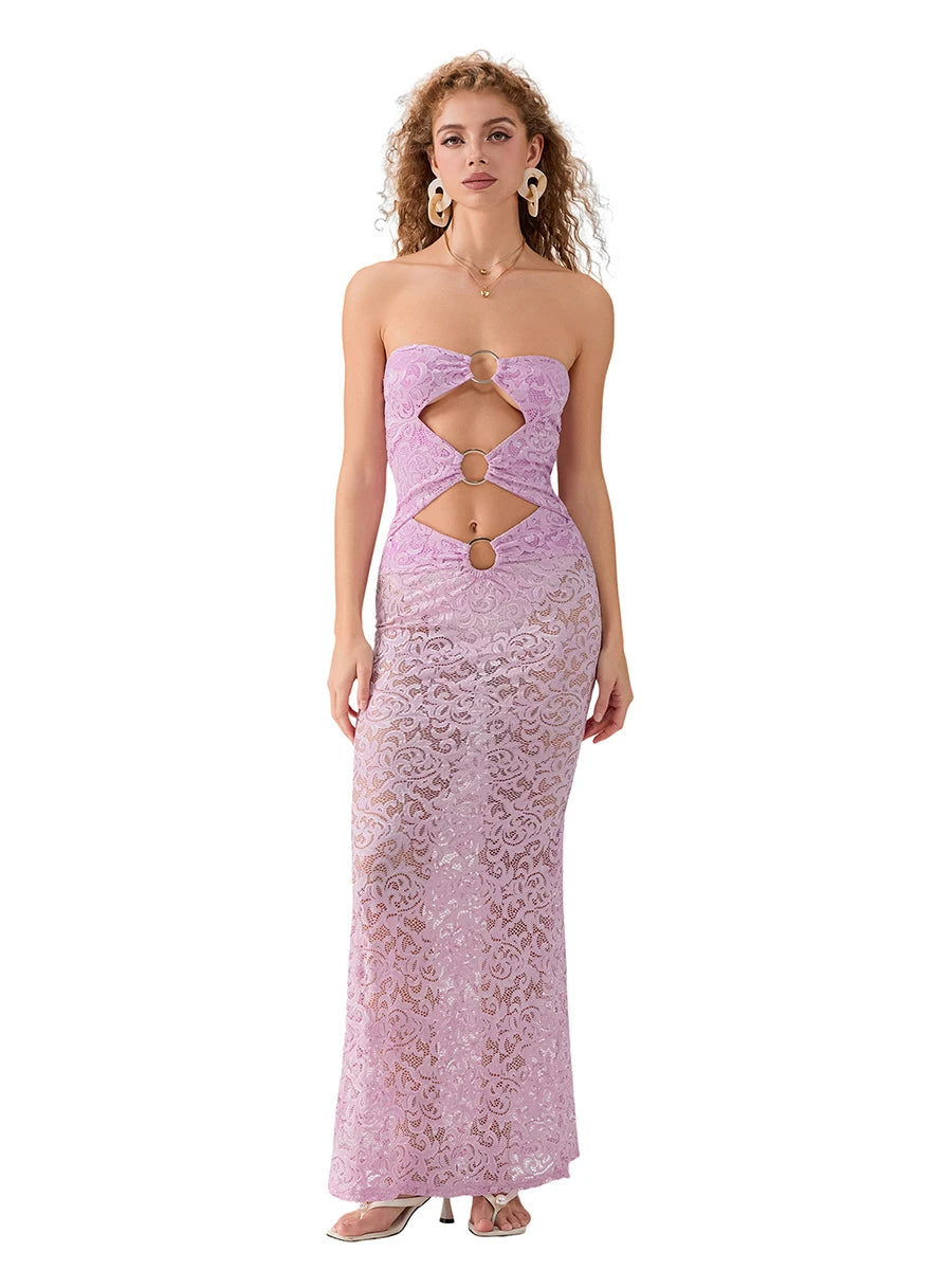Women Lace Dress Strapless Backless Hollowed Sheer Dress  Long Cocktail Dress