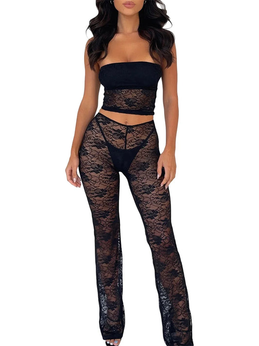 Elegant Lace Off-Shoulder Crop Top and High Waist Wide Leg Pants Set Sexy See-Through Design